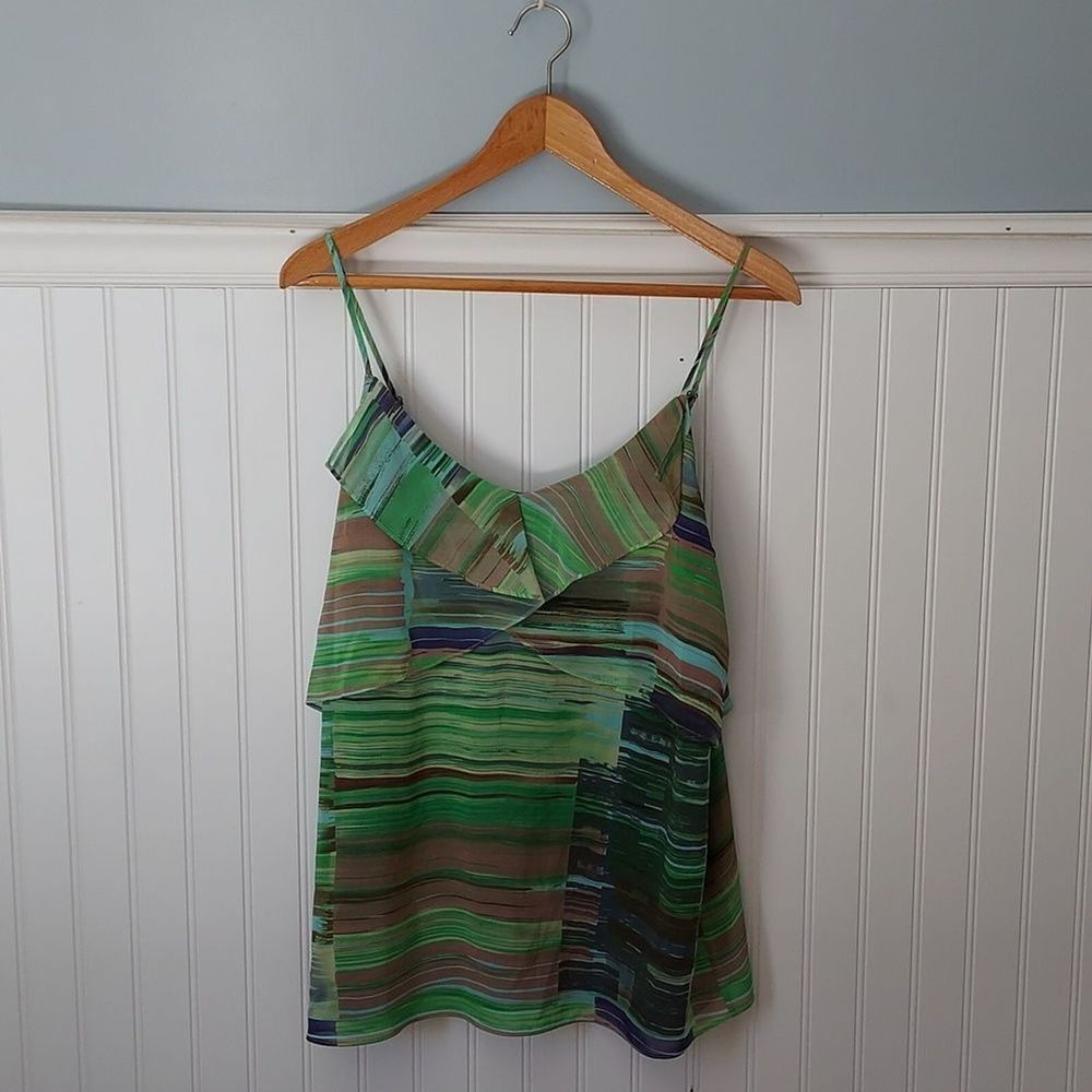 Cabi Camisole Flutter Green StripesTank‎ Top Ruffle Layered Sheer #605 Med